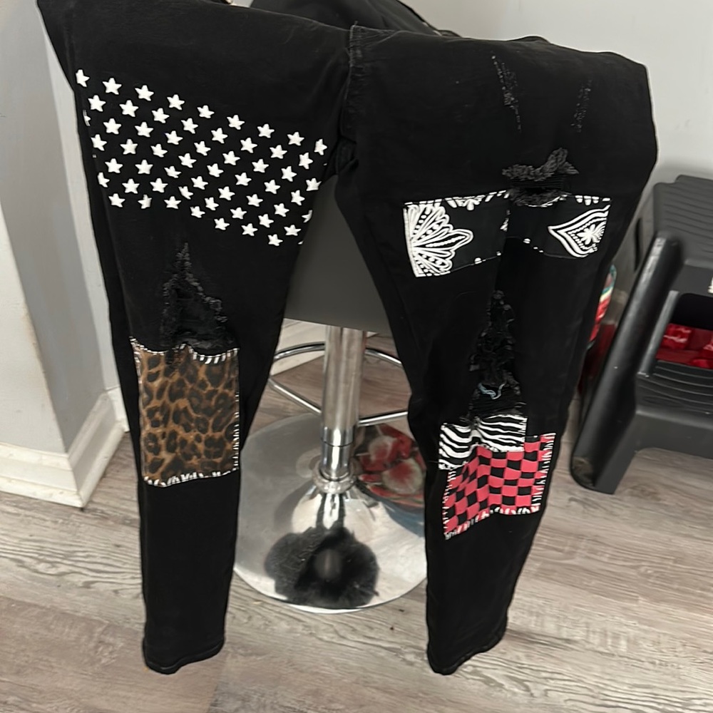 Amiri Aged Black Denim Distressed Art Patch Jeans